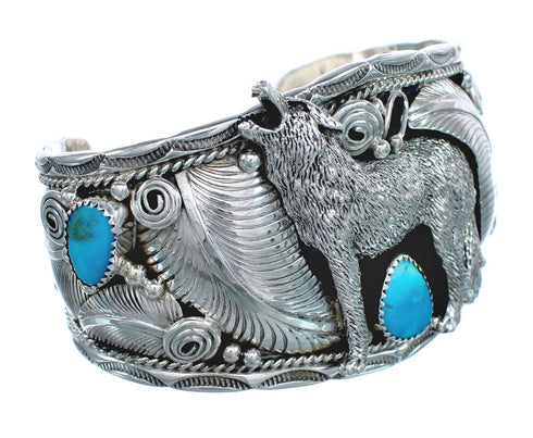 Navajo Sterling Silver Turquoise Wolf Leaf Cuff Bracelet AX123791
